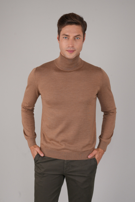 Erkek Yün Basic Yarım Balıkçı Yaka Triko Camel 