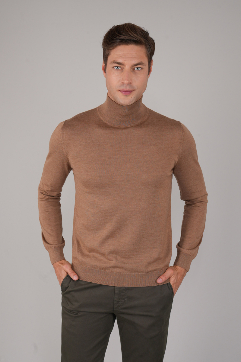 Erkek Yün Basic Yarım Balıkçı Yaka Triko Camel - 1