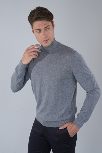 Erkek Yün Basic Yarım Balıkçı Yaka Triko Gri Melanj - 4