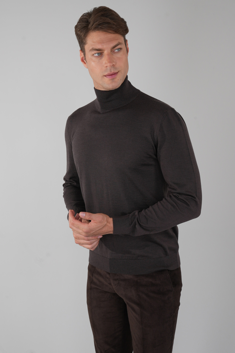 Erkek Yün Basic Yarım Balıkçı Yaka Triko Kahve - 1