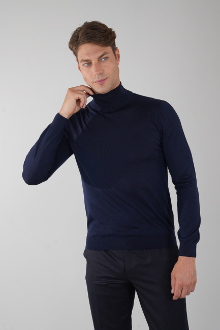 Erkek Yün Basic Yarım Balıkçı Yaka Triko Lacivert - 1