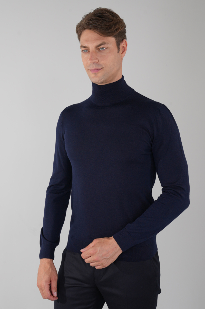 Erkek Yün Basic Yarım Balıkçı Yaka Triko Lacivert - 4
