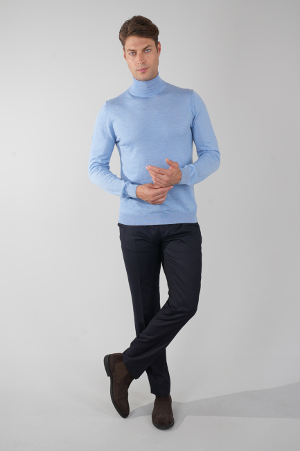 Erkek Yün Basic Yarım Balıkçı Yaka Triko Mavi - 5