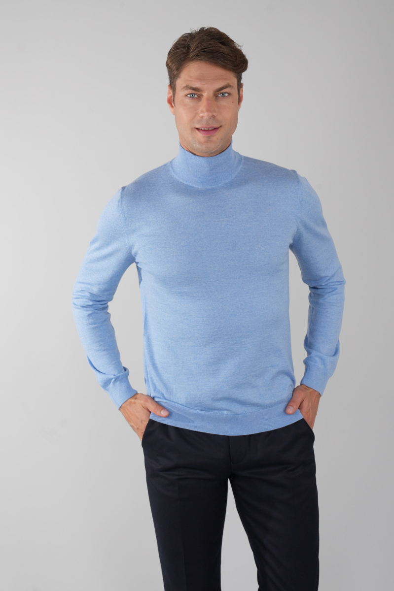 Erkek Yün Basic Yarım Balıkçı Yaka Triko Mavi