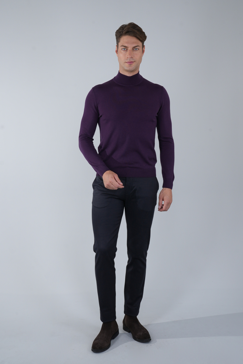 Erkek Yün Basic Yarım Balıkçı Yaka Triko Mürdüm - 5