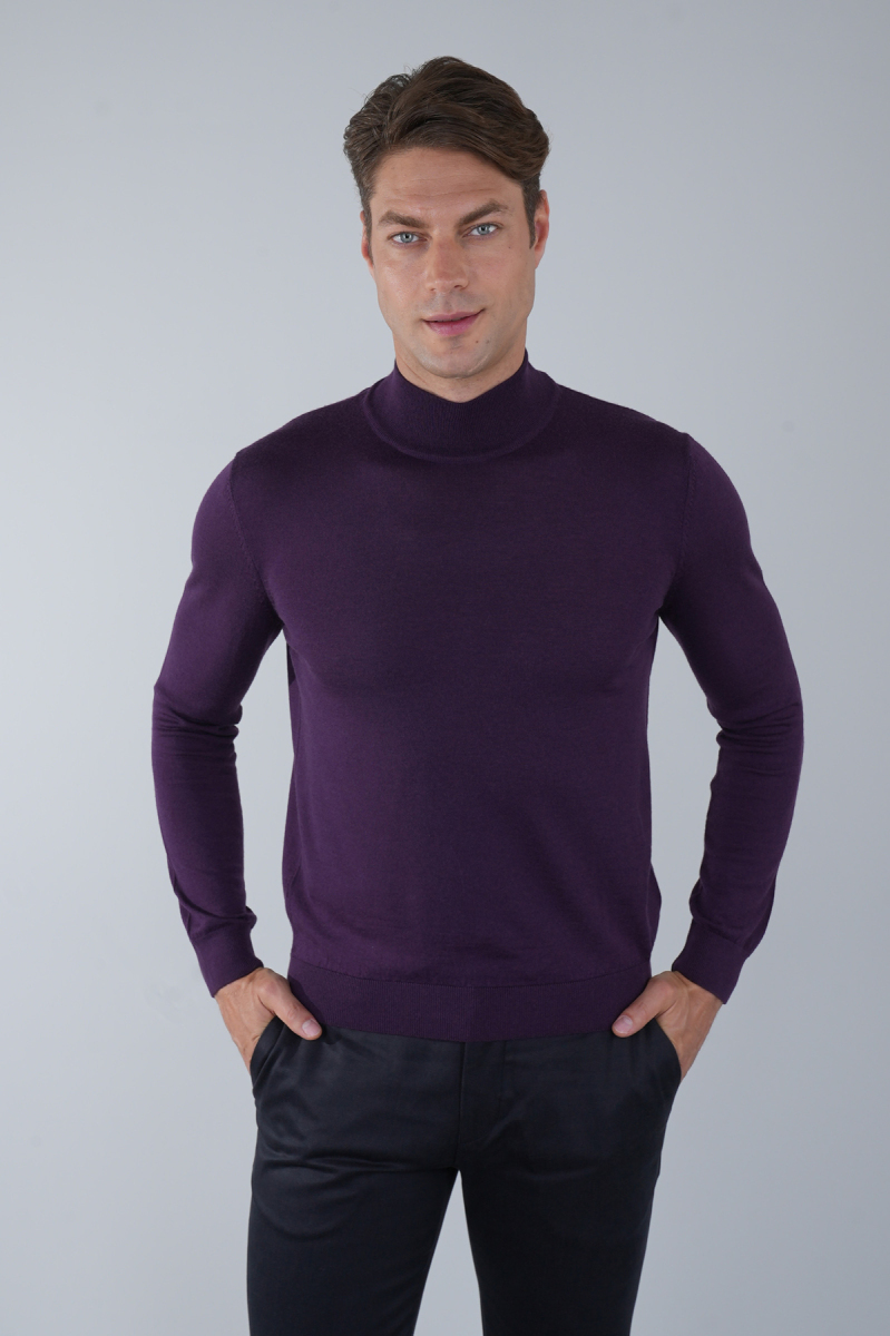 Erkek Yün Basic Yarım Balıkçı Yaka Triko Mürdüm - 1
