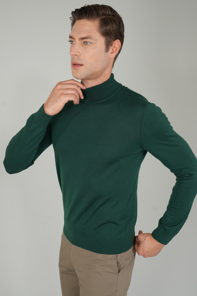 Erkek Yün Basic Yarım Balıkçı Yaka Triko Yeşil - 4