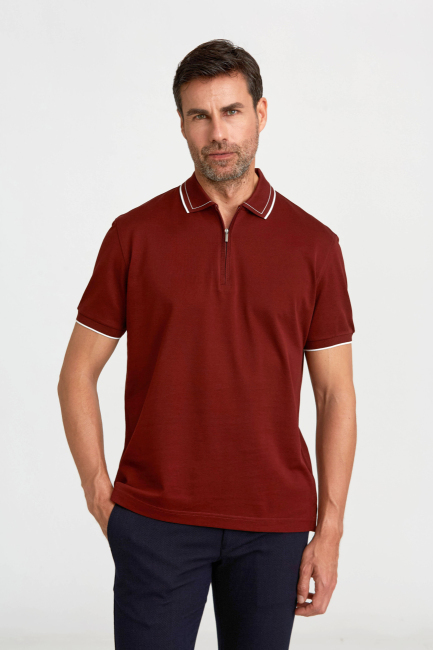 Fermuarlı Pike Polo Yaka Bakır Erkek T-Shirt