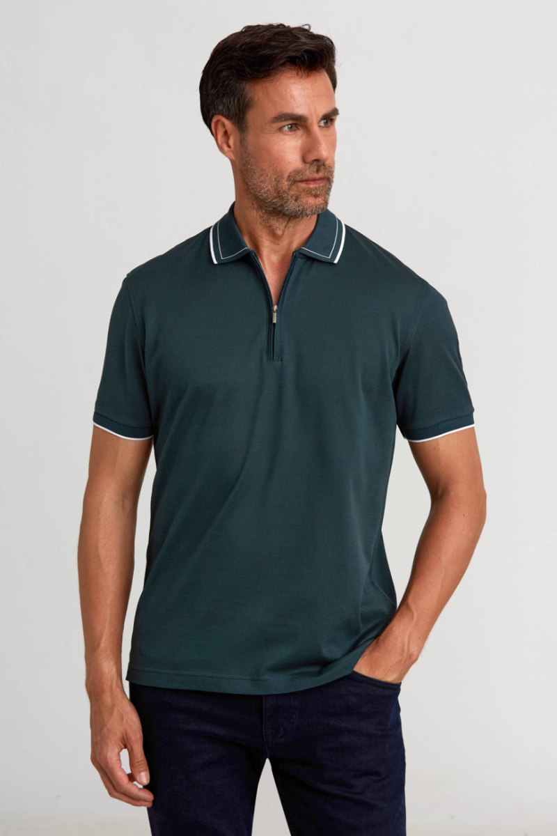 Fermuarlı Pike Polo Yaka Koyu Yeşil Erkek T-Shirt - 3