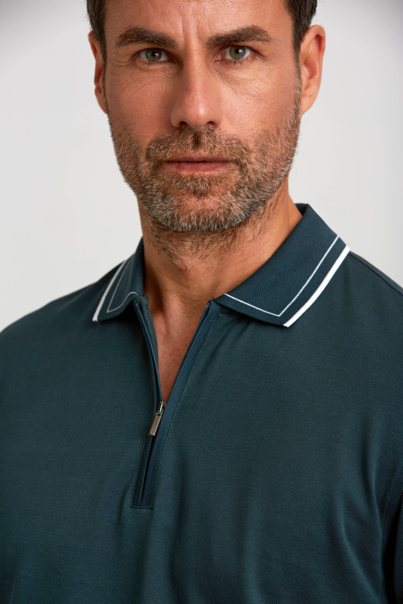 Fermuarlı Pike Polo Yaka Koyu Yeşil Erkek T-Shirt - 5