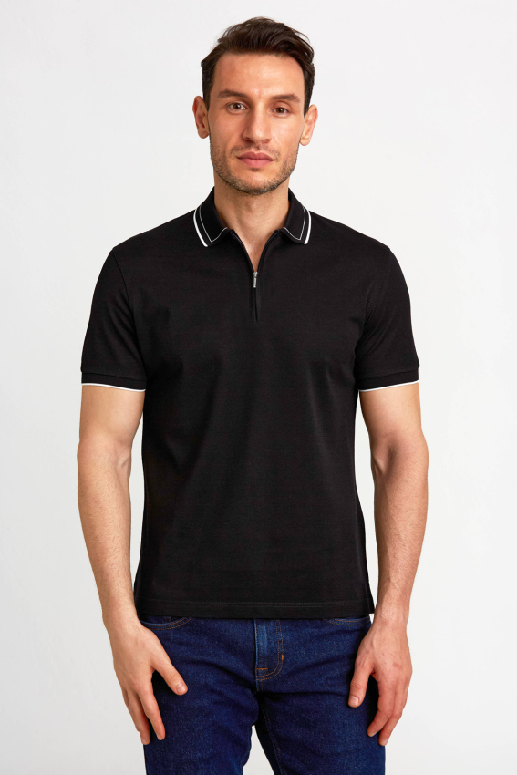 Fermuarlı Pike Polo Yaka Siyah Erkek T-Shirt - 3