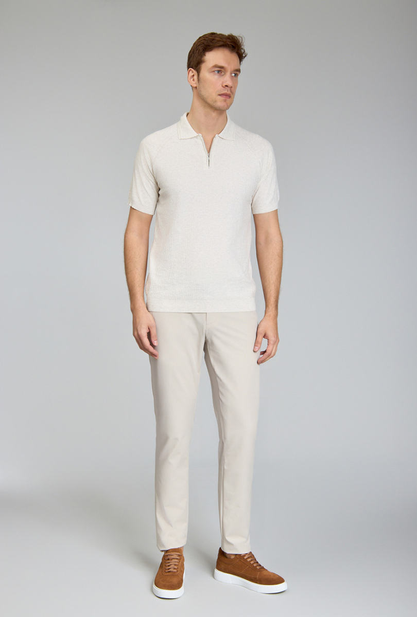 Fermuarlı Polo Yaka Kısa Kollu Yazlık Bej Erkek Triko - 2