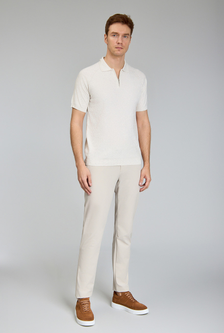 Fermuarlı Polo Yaka Kısa Kollu Yazlık Bej Erkek Triko - 3