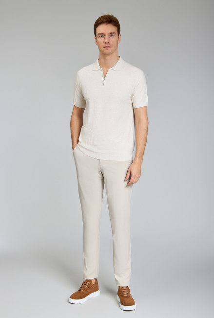 Fermuarlı Polo Yaka Kısa Kollu Yazlık Bej Erkek Triko