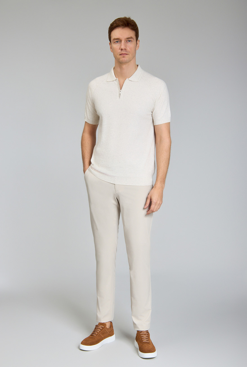 Fermuarlı Polo Yaka Kısa Kollu Yazlık Bej Erkek Triko - 1