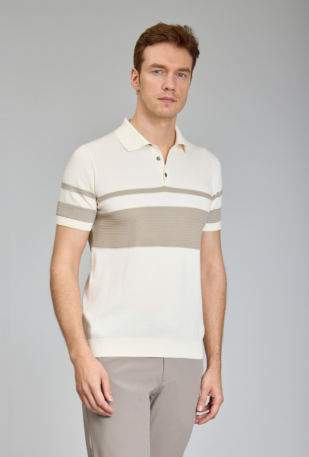 Fermuarlı Polo Yaka Kısa Kollu Yazlık Ekru Erkek Triko (1)