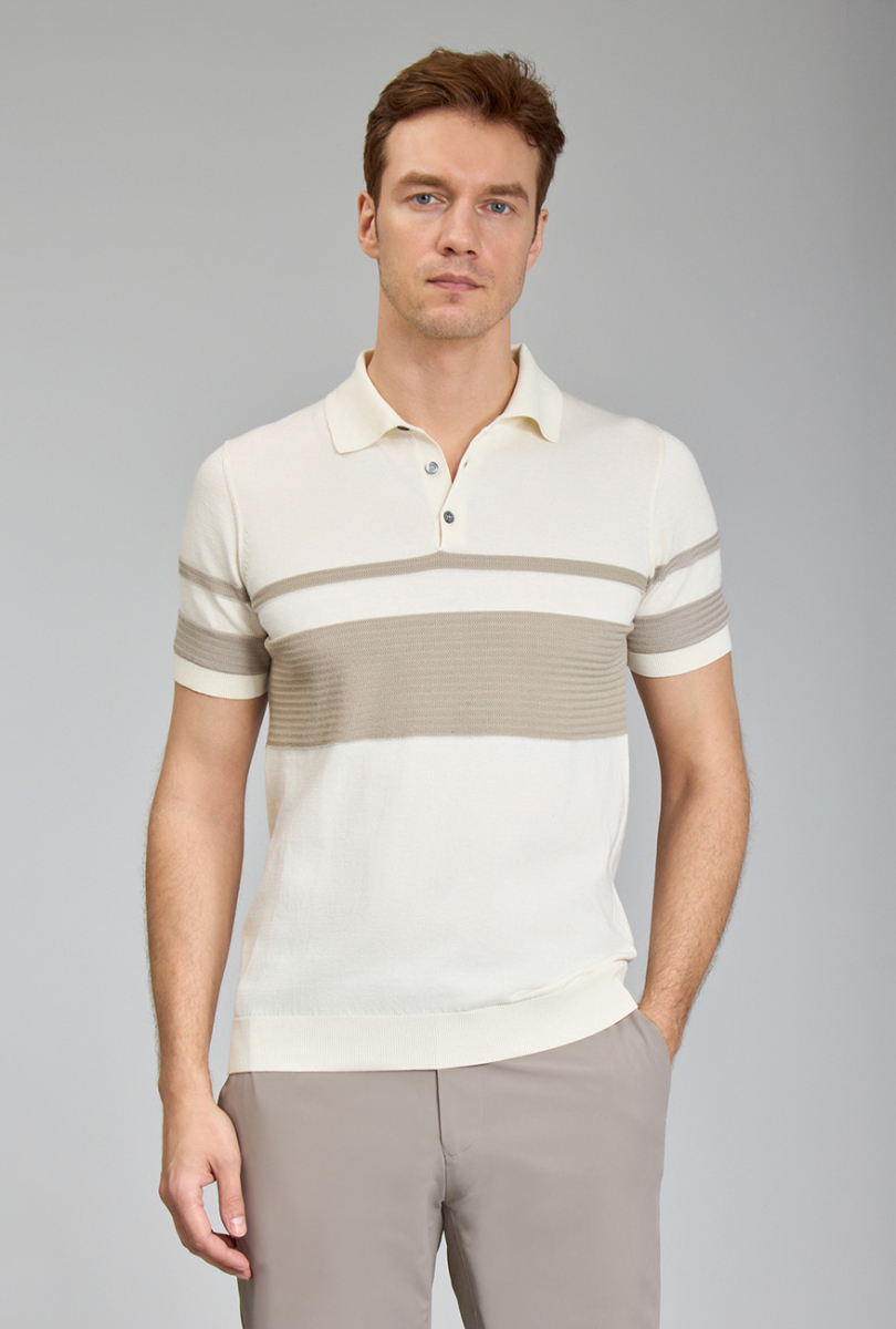 Fermuarlı Polo Yaka Kısa Kollu Yazlık Ekru Erkek Triko