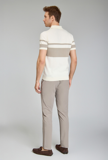 Fermuarlı Polo Yaka Kısa Kollu Yazlık Ekru Erkek Triko - 5