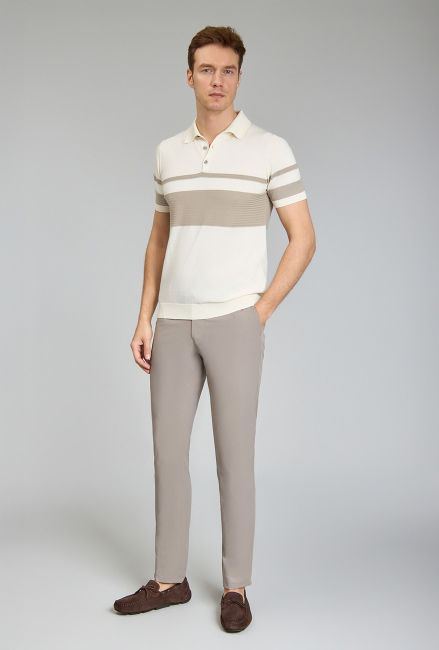 Fermuarlı Polo Yaka Kısa Kollu Yazlık Ekru Erkek Triko - 4