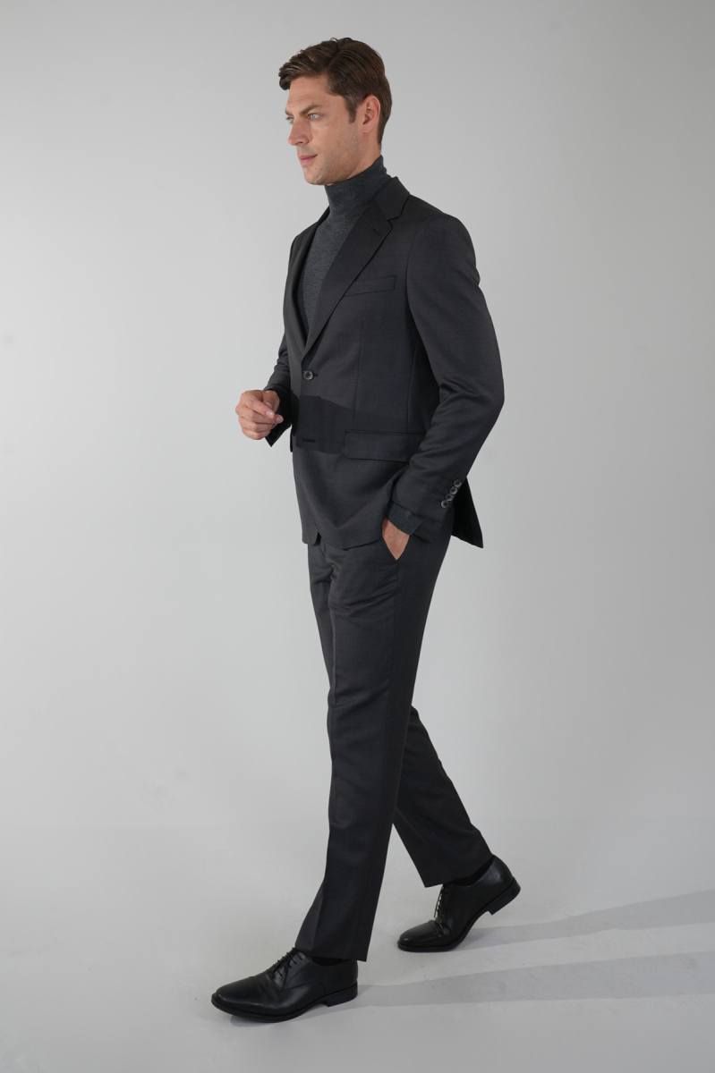 Füme Dokuma Mono Yaka Çift Yırtmaçlı 4 Drop Yün Takım Elbise - 3