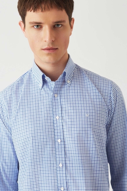 Regular Fit Mavi Uzun Kollu Spor Erkek Gömlek - 3