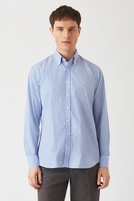 Regular Fit Mavi Uzun Kollu Spor Erkek Gömlek - 1