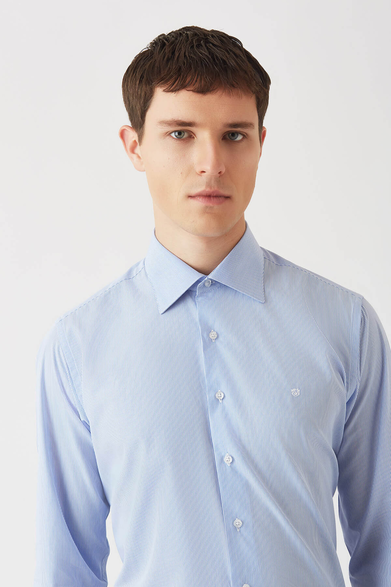 Erkek Mavi Pamuk Regular Fit Uzun Kol Klasik Gömlek - 3