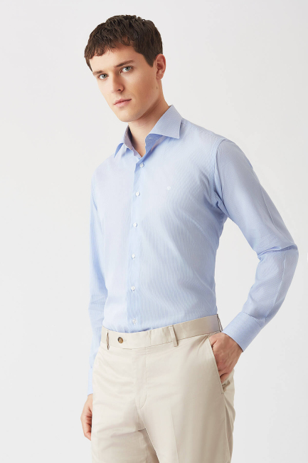 Erkek Mavi Pamuk Regular Fit Uzun Kol Klasik Gömlek - 1