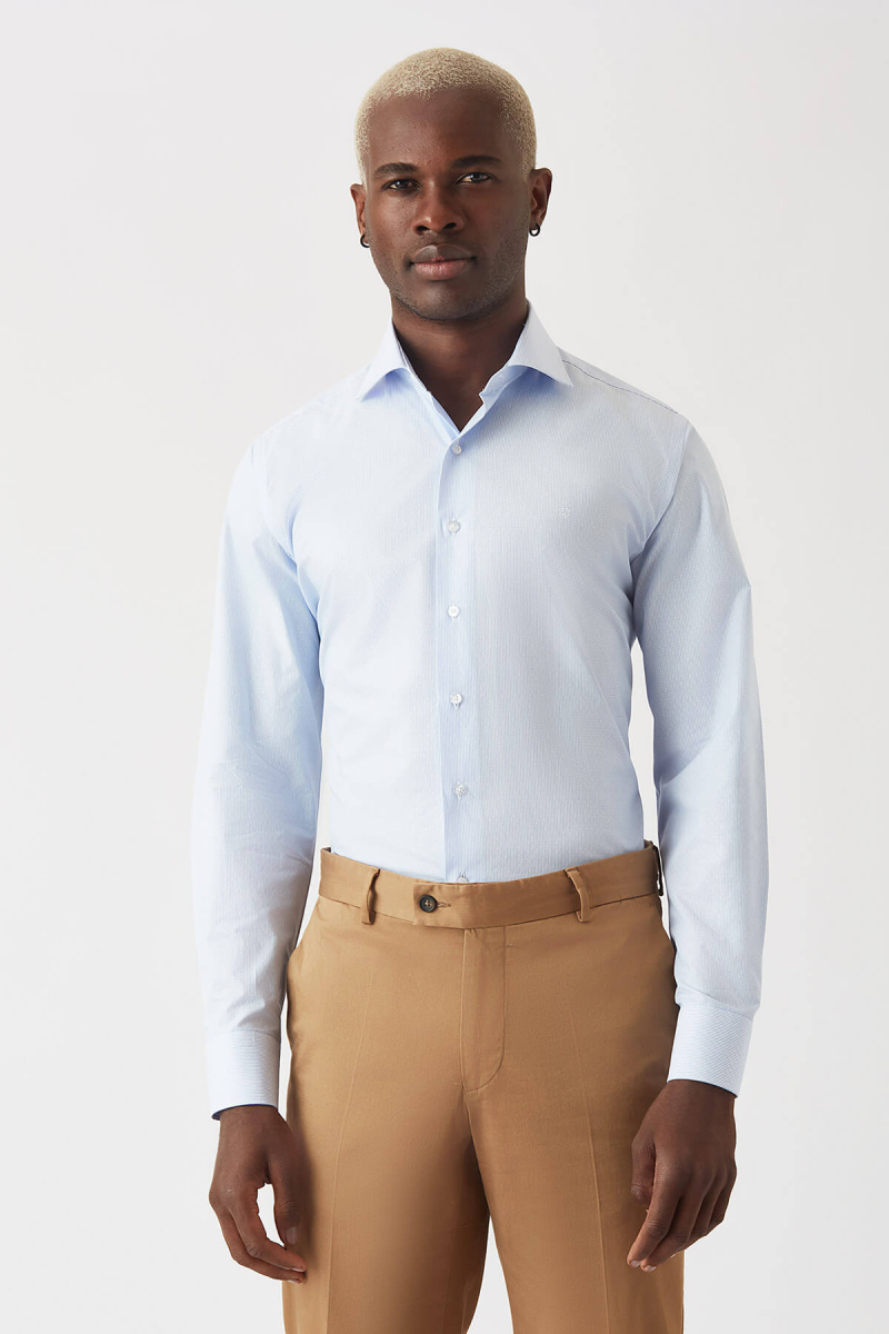 Erkek Mavi Pamuk Regular Fit Uzun Kol Klasik Gömlek - 1