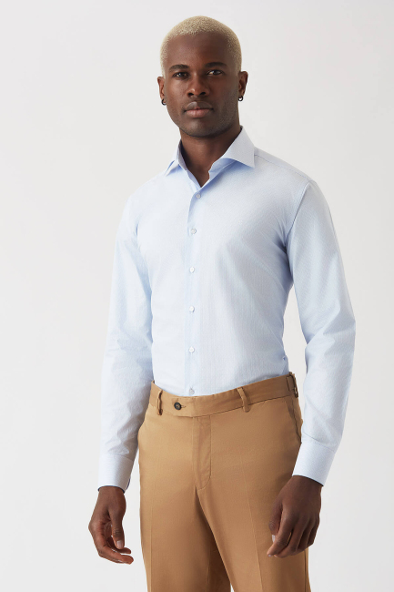 Erkek Mavi Pamuk Regular Fit Uzun Kol Klasik Gömlek - 4