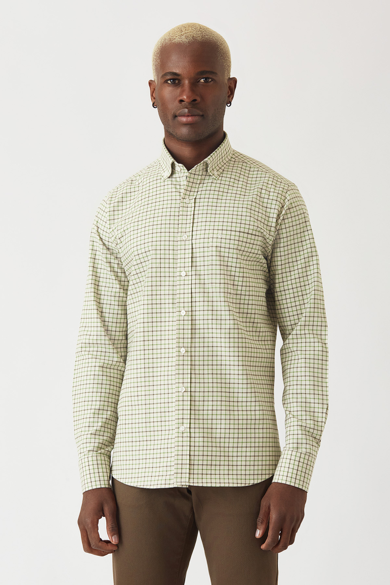 Regular Fit Yeşil Paşa Yaka Spor Erkek Gömlek - 1