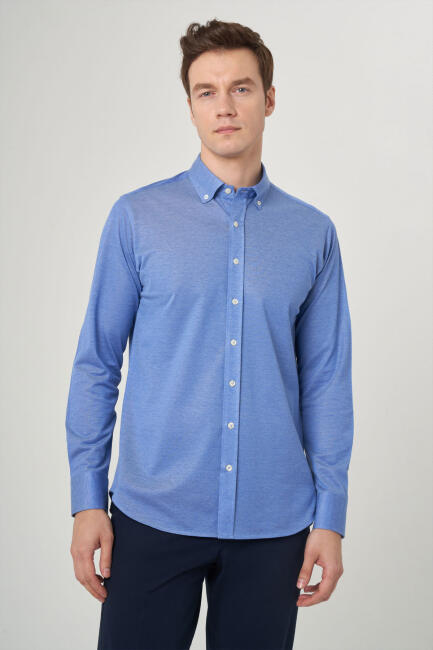 Regular Fit Paşa Yaka Mavi Spor Erkek Gömlek - 3