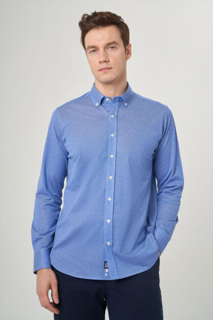 Regular Fit Paşa Yaka Mavi Spor Erkek Gömlek - 1