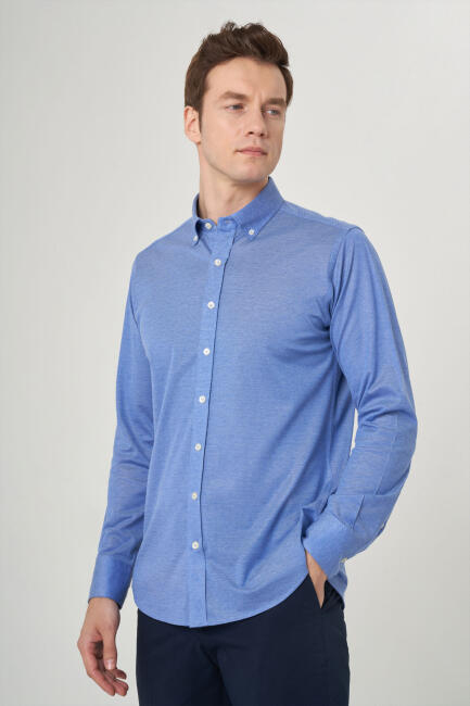 Regular Fit Paşa Yaka Mavi Spor Erkek Gömlek - 4