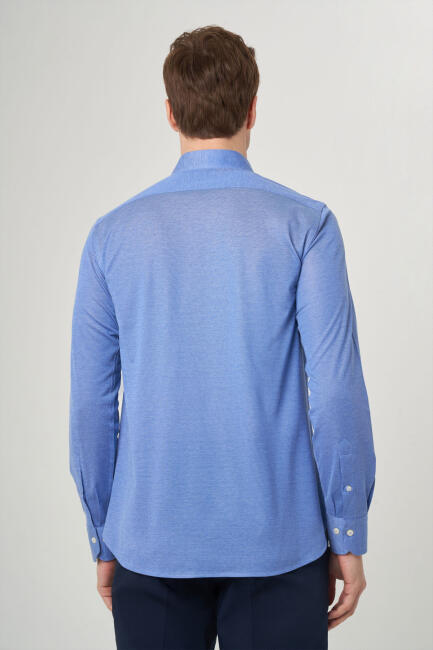 Regular Fit Paşa Yaka Mavi Spor Erkek Gömlek - 2