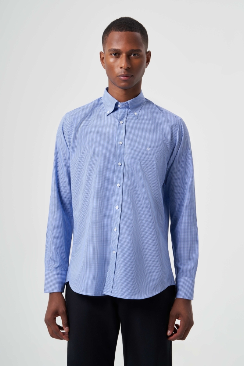 Regular Fit Mavi Paşa Yaka Spor Erkek Gömlek - 1