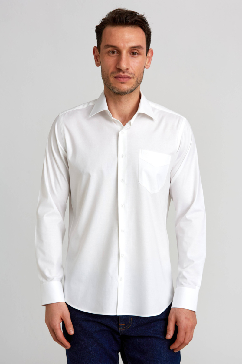 Regular Fit Beyaz Basic Klasik Erkek Gömlek - 1