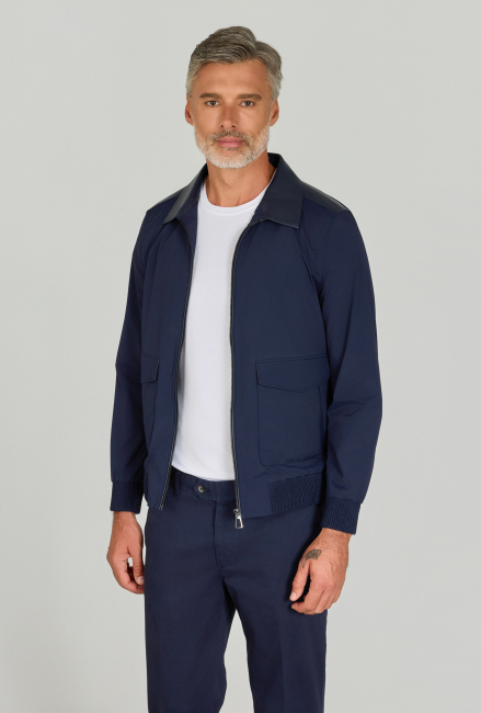 Gömlek Yaka Lacivert Deri Detaylı Erkek Mont