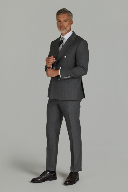 Gri Comfort Fit İtalyan Kruvaze Yaka Sedef Düğmeli 6 Drop Yün Takım Elbise - 3