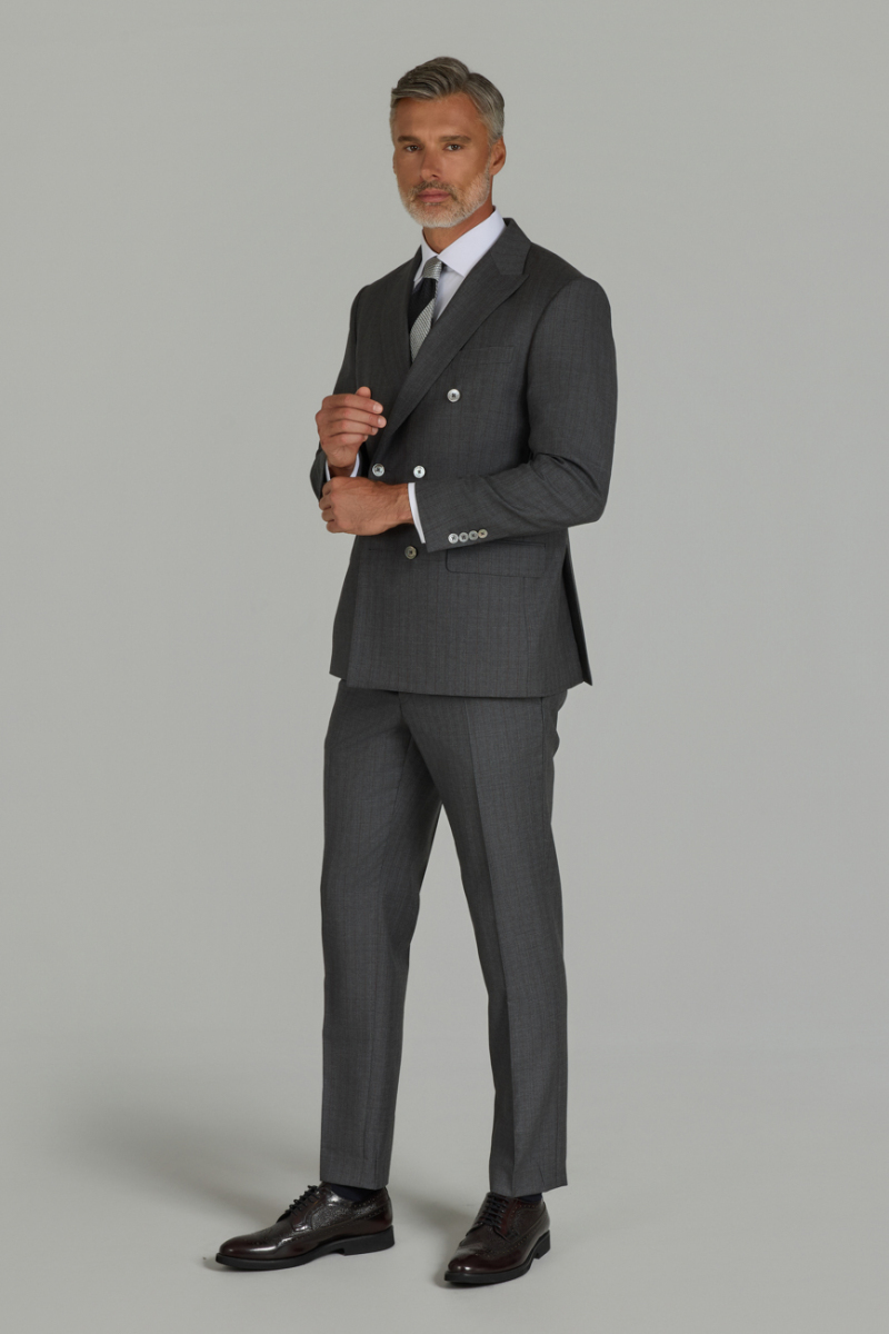 Gri Comfort Fit İtalyan Kruvaze Yaka Sedef Düğmeli 6 Drop Yün Takım Elbise - 3