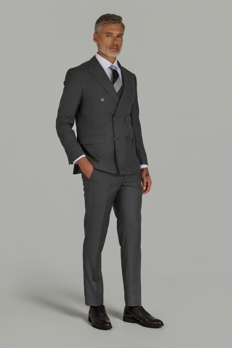 Gri Comfort Fit İtalyan Kruvaze Yaka Sedef Düğmeli 6 Drop Yün Takım Elbise - 4