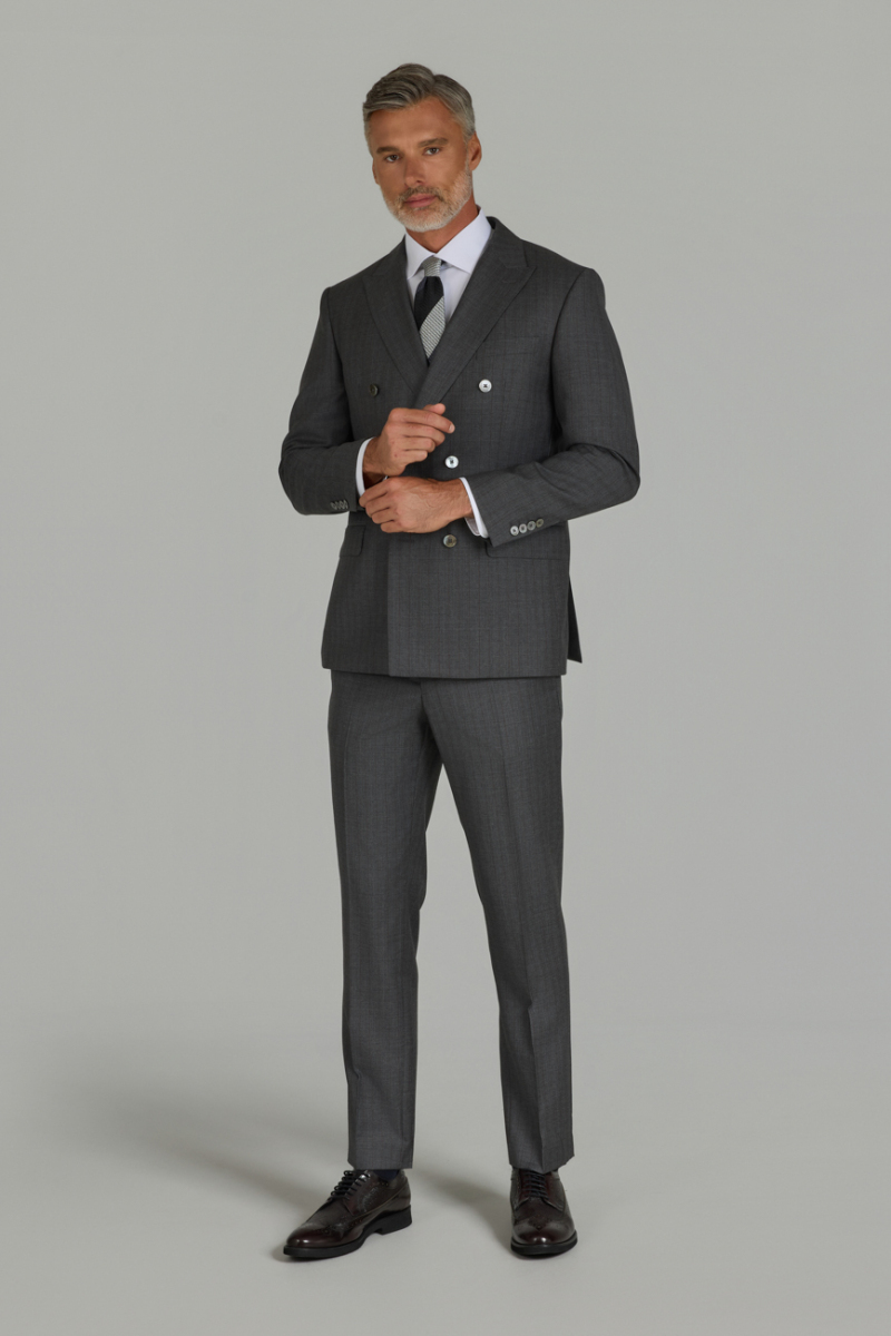 Gri Comfort Fit İtalyan Kruvaze Yaka Sedef Düğmeli 6 Drop Yün Takım Elbise - 2