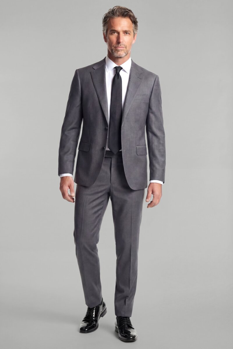 Gri Dokuma Mono Yaka Çift Yırtmaçlı 4 Drop Yün Takım Elbise - 1