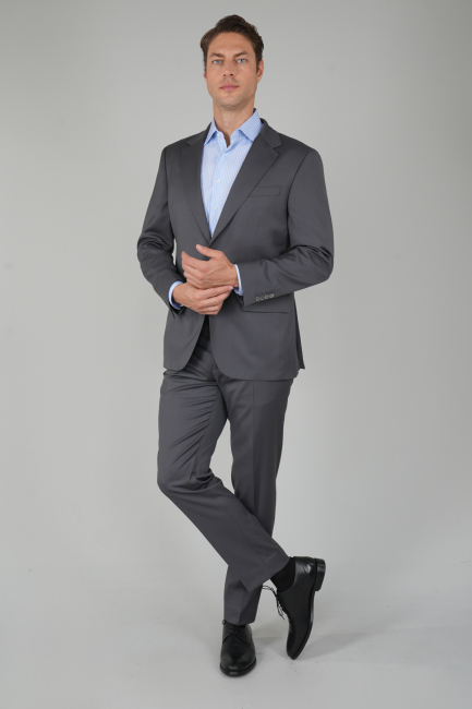 Gri Dokuma Mono Yaka Çift Yırtmaçlı 6 Drop Yün Klasik Takım Elbise