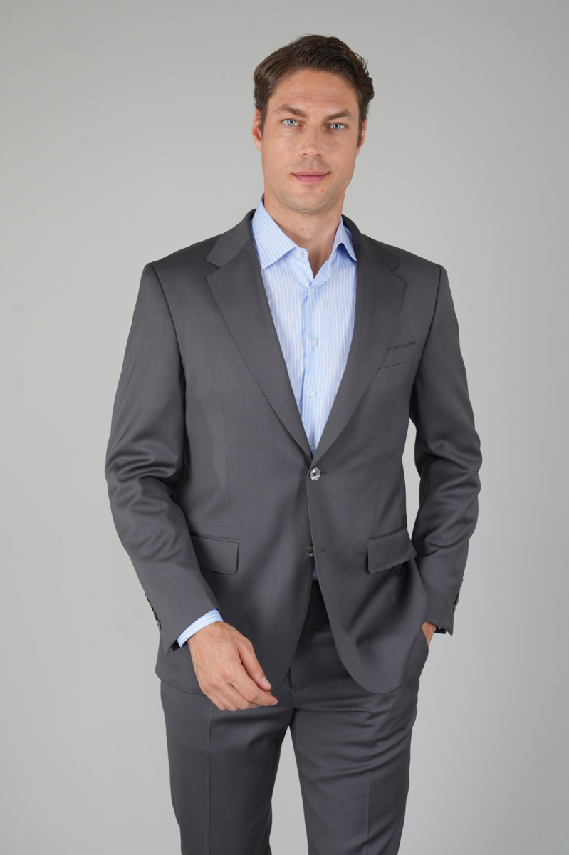 Gri Dokuma Mono Yaka Çift Yırtmaçlı 6 Drop Yün Klasik Takım Elbise - 5