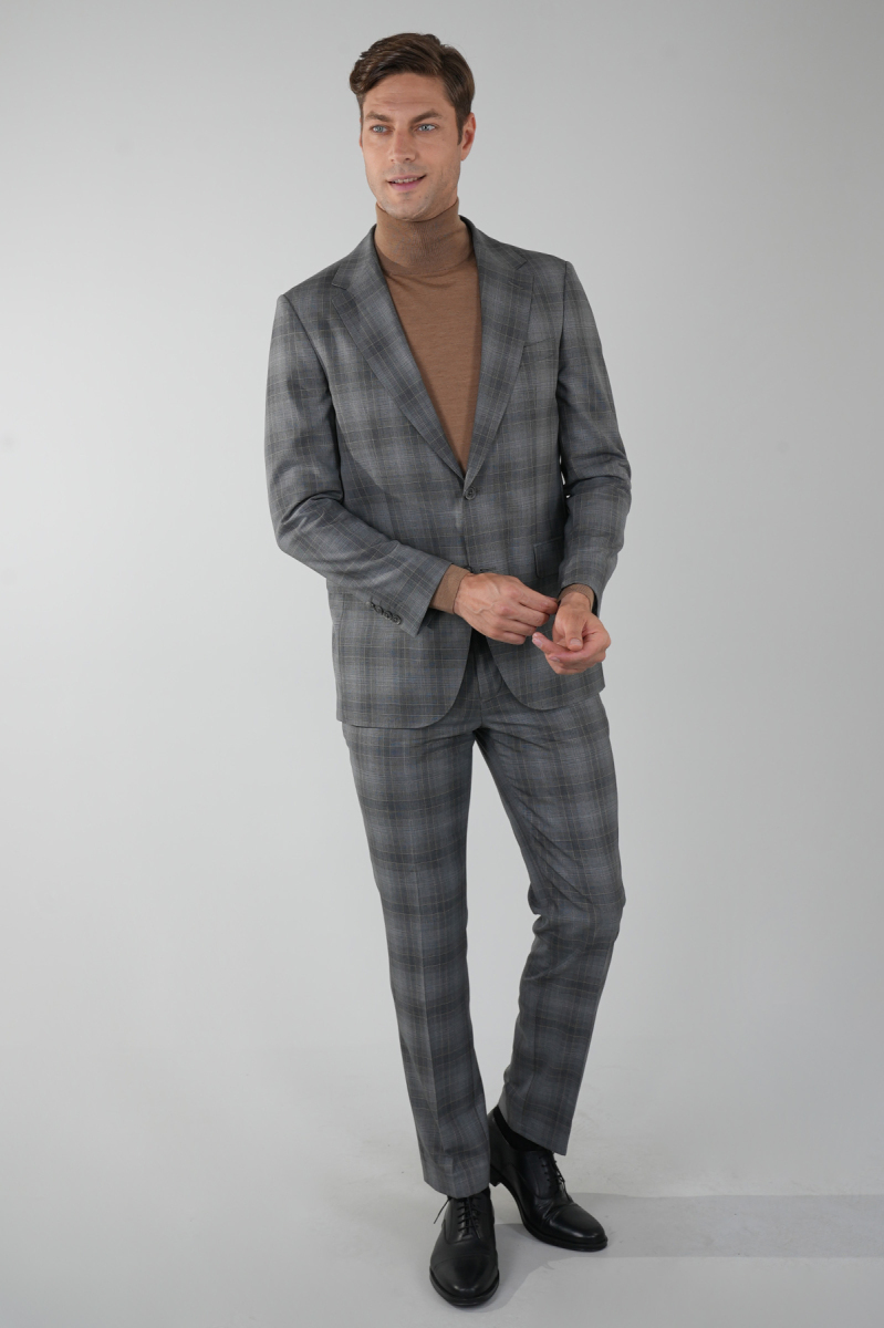 Gri Mono Yaka Çift Yırtmaçlı 6 Drop Yün Takım Elbise - 5