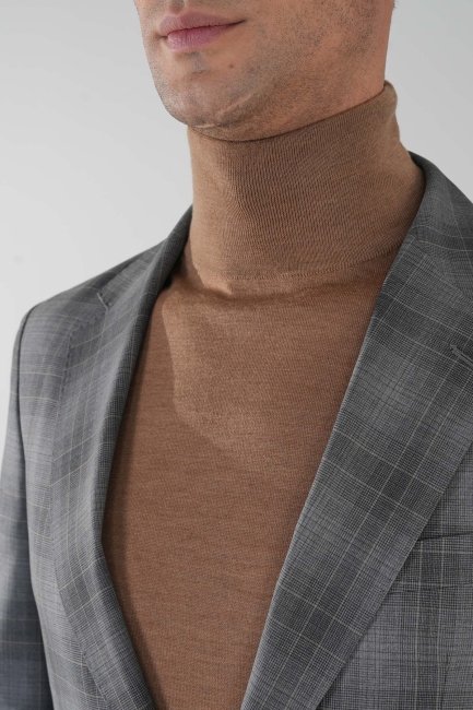 Gri Mono Yaka Çift Yırtmaçlı 6 Drop Yün Takım Elbise - 4