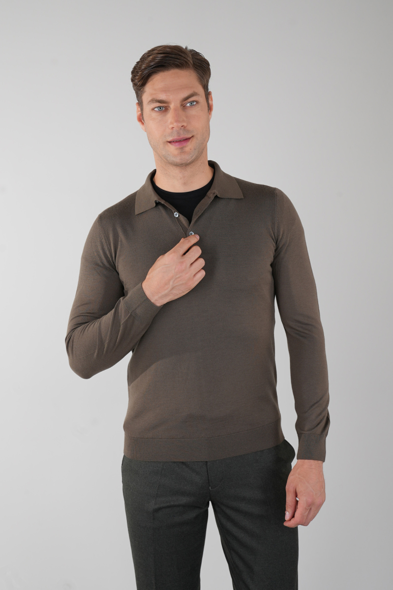 Haki Düğmeli Polo Yaka Erkek Yün Triko - 1