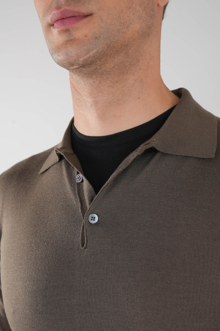 Haki Düğmeli Polo Yaka Erkek Yün Triko - 3