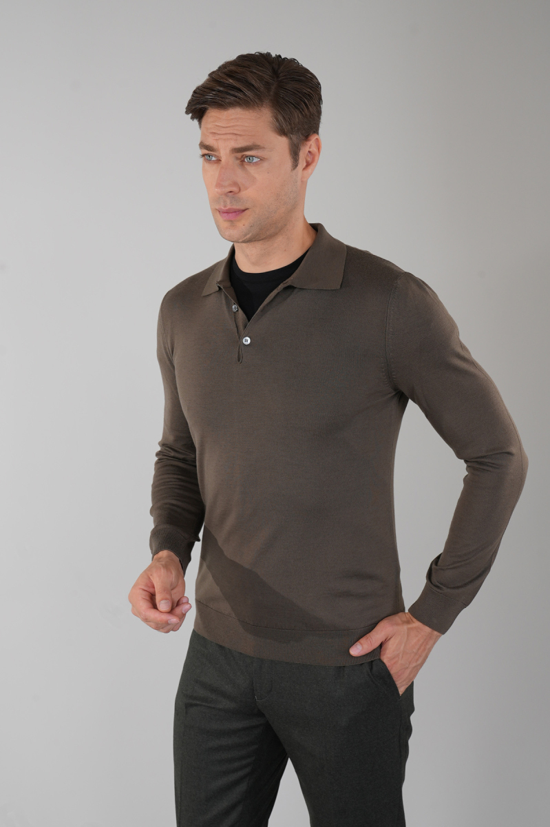 Haki Düğmeli Polo Yaka Erkek Yün Triko - 4